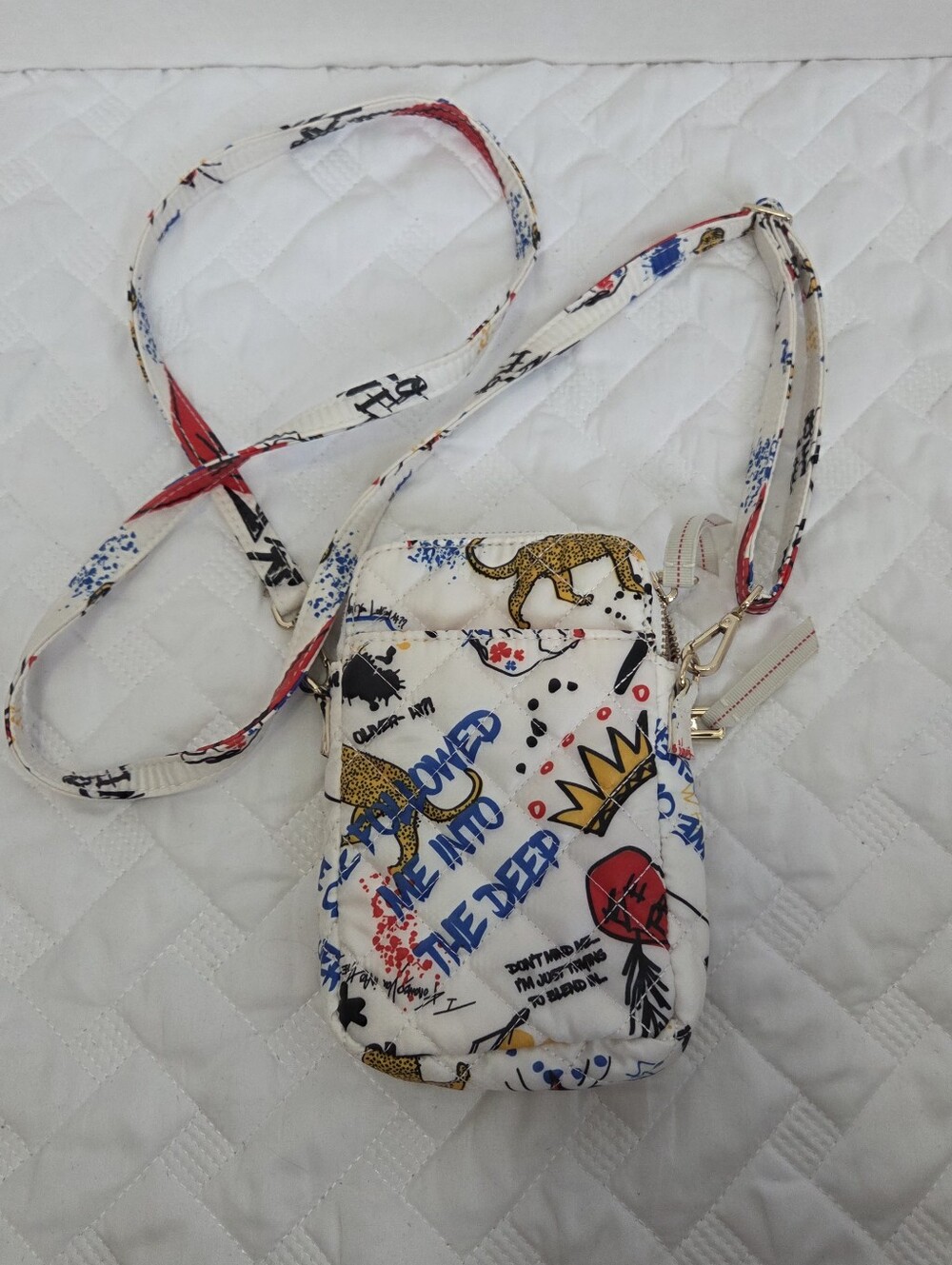 Oliver Thomas 24+7 Cellphone Crossbody Bag Quilted Graffiti Animal Print White